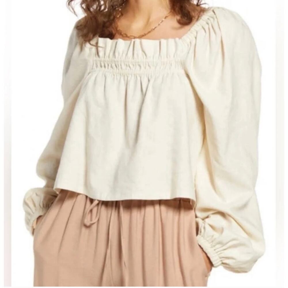 Open Edit NEW Linen Blend Smocked Babydoll Blouse Cream Long Sleeve Top M Boho